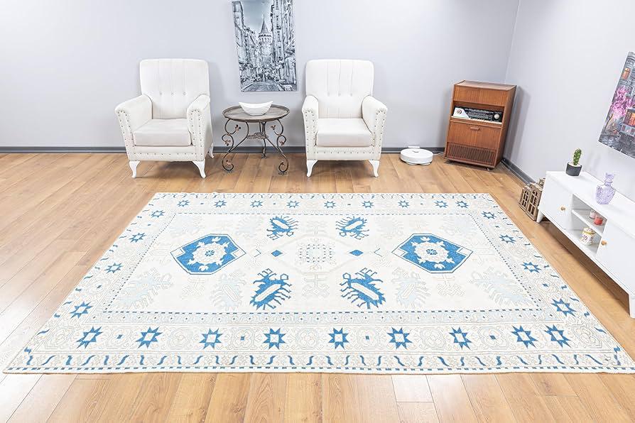 Hand-Knotted Luxury Area Rug – Blue & Ivory Geometric Design