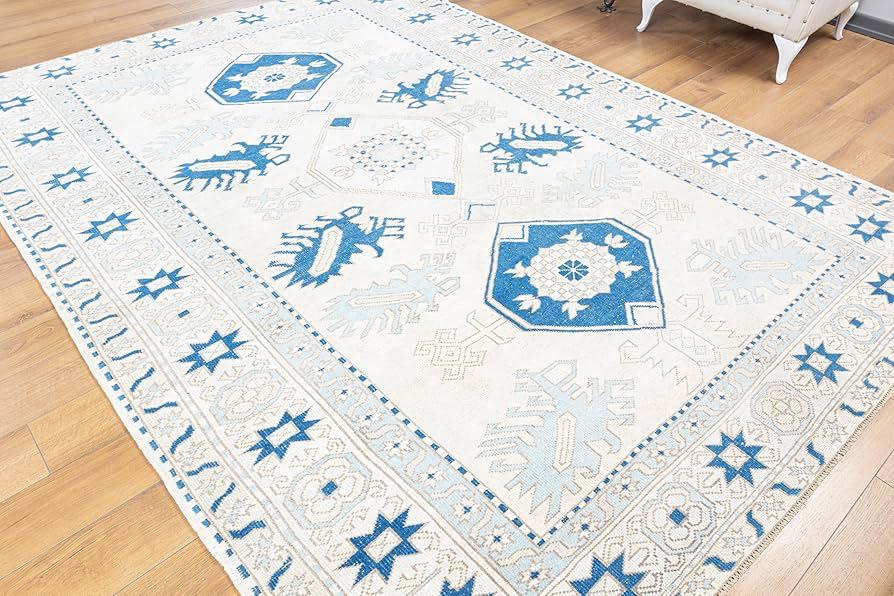 Hand-Knotted Luxury Area Rug – Blue & Ivory Geometric Design