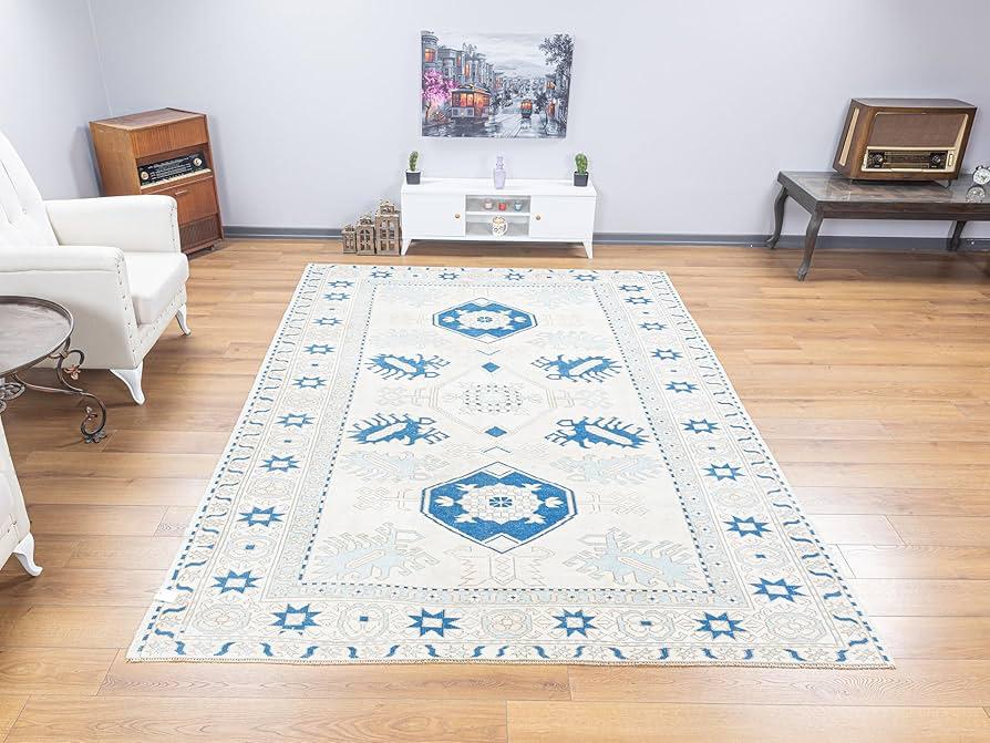 Hand-Knotted Luxury Area Rug – Blue & Ivory Geometric Design